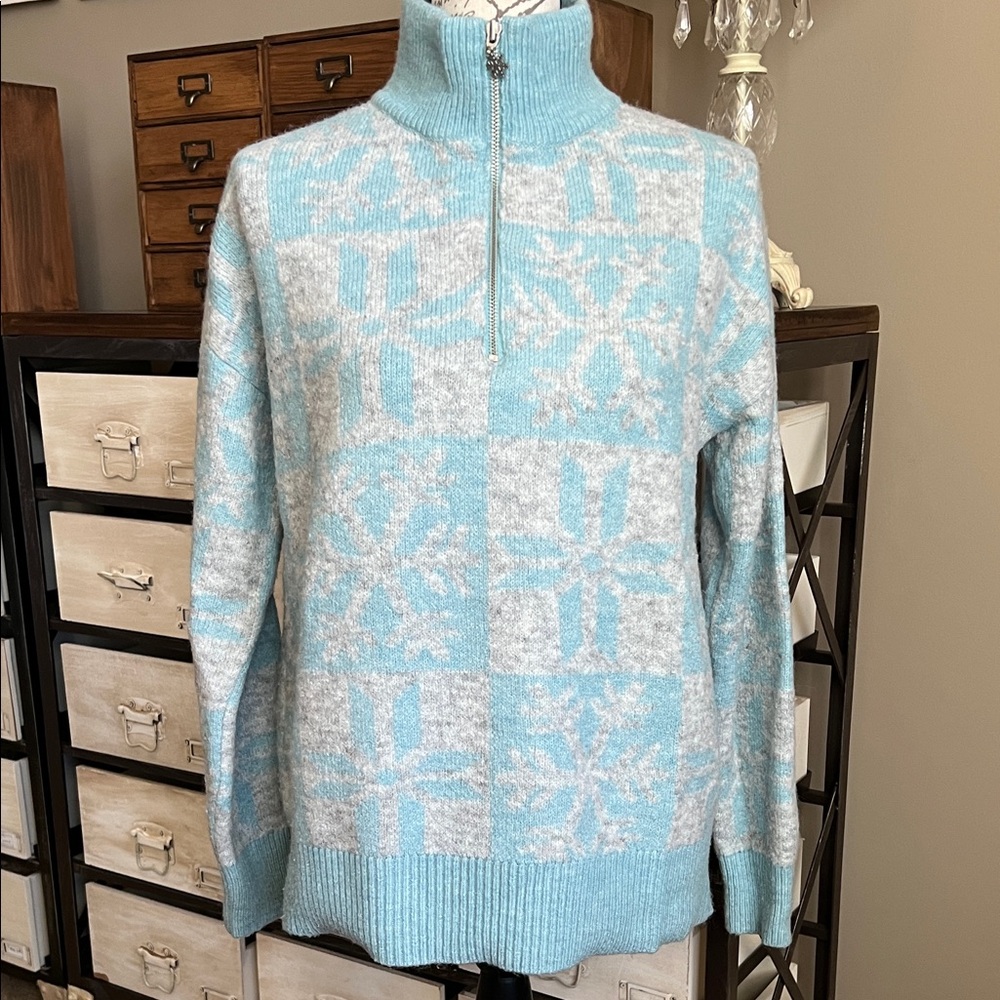 LOFT Snowflake Blue Gray Turtleneck Half Zip Cozy Oversized Sweater Sz M